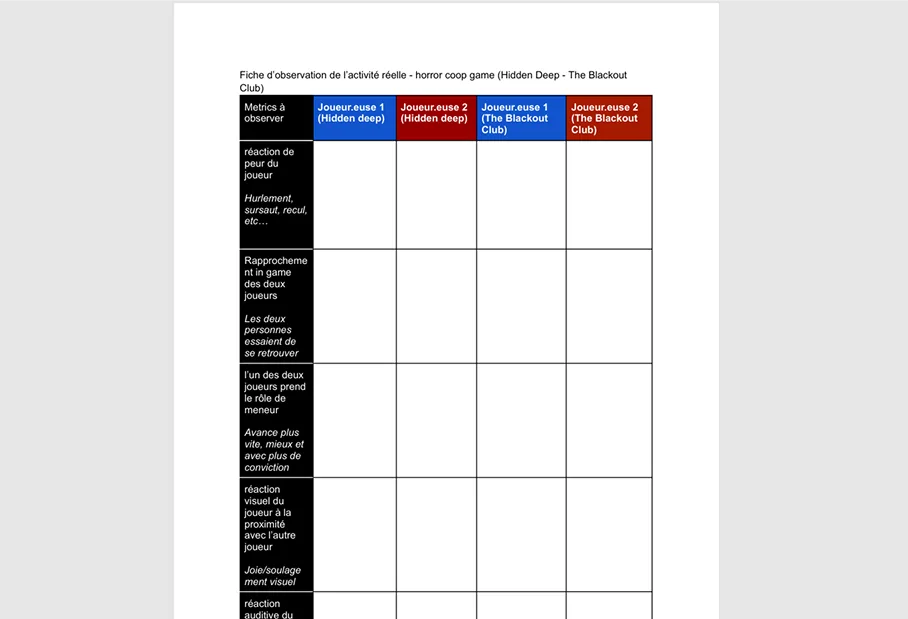 Screenshot of my observation sheet (written in French).